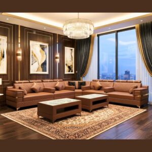 brown leather sectional sofa, luxury quilted l shaped couch with gold accents and marble coffee table