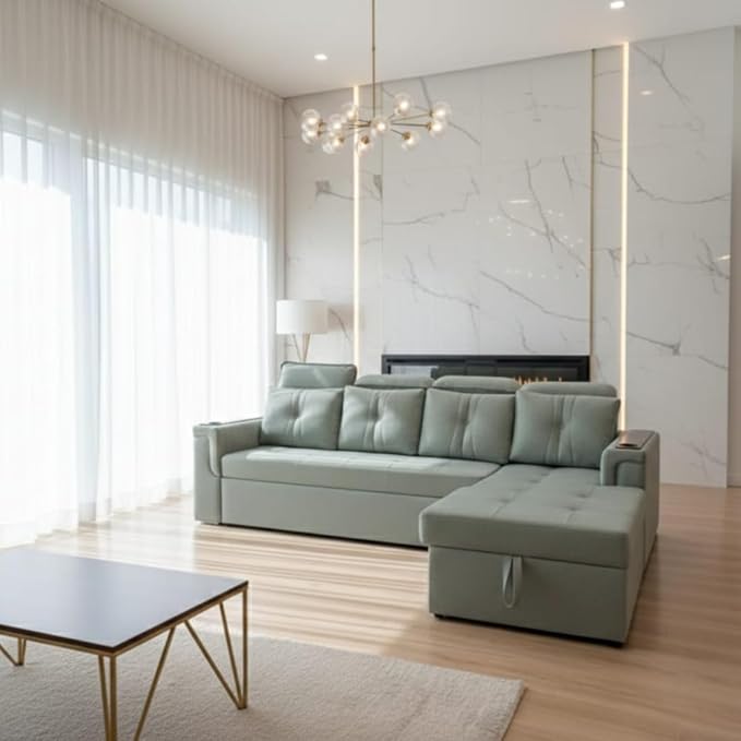 modern 5 seater sectional sofa set with lounger, light green, storage space, cup holder, adjustable headrest, wooden polished stainless steel legs modern 5 seater sectional sofa set with lounger, light green, storage space, cup holder, adjustable headrest, wooden polished stainless steel legs