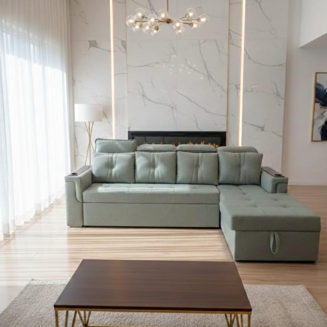 modern 5 seater sectional sofa set with lounger, light green, storage space, cup holder, adjustable headrest, wooden polished stainless steel legs modern 5 seater sectional sofa set with lounger, light green, storage space, cup holder, adjustable headrest, wooden polished stainless steel legs