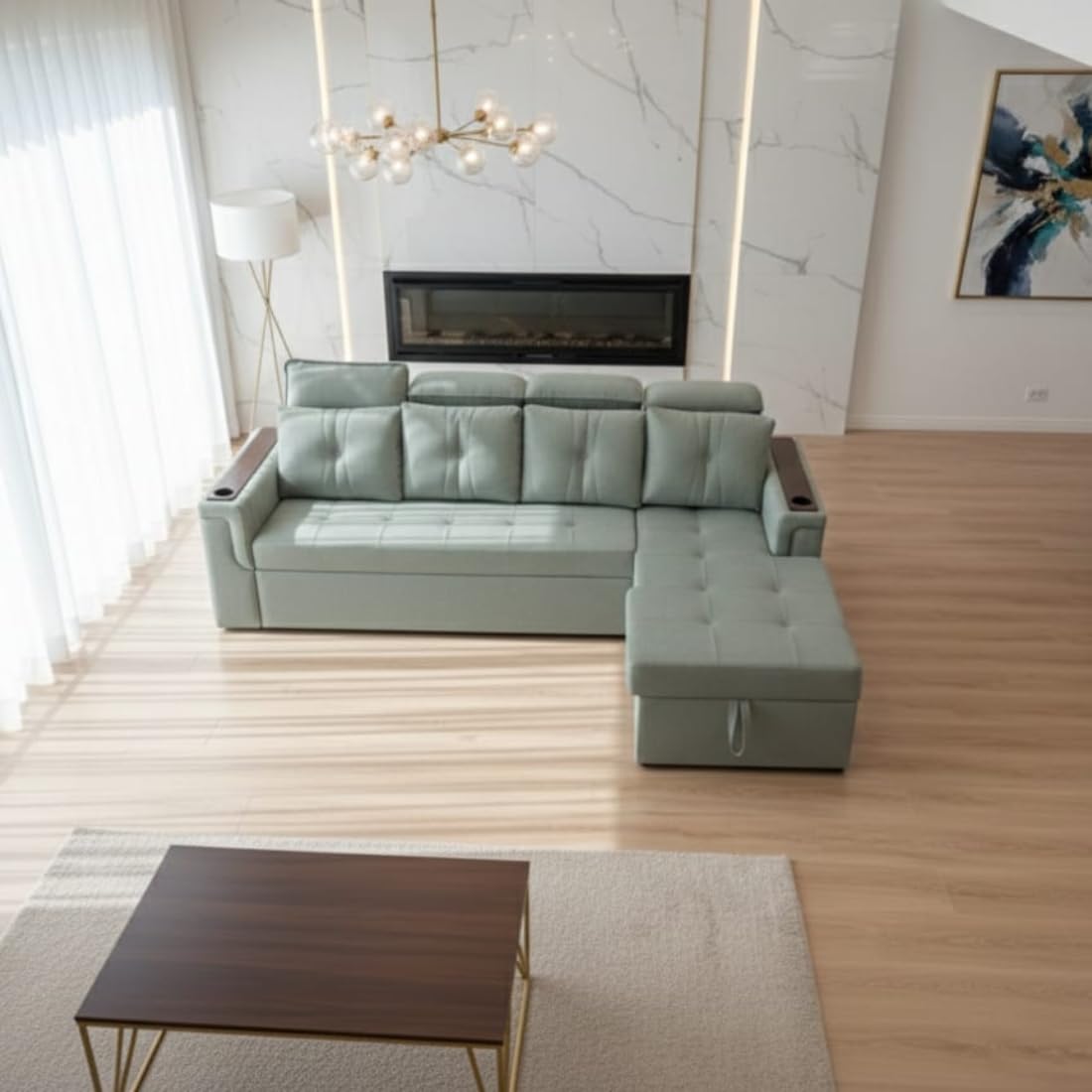 modern 5 seater sectional sofa set with lounger, light green, storage space, cup holder, adjustable headrest, wooden polished stainless steel legs modern 5 seater sectional sofa set with lounger, light green, storage space, cup holder, adjustable headrest, wooden polished stainless steel legs