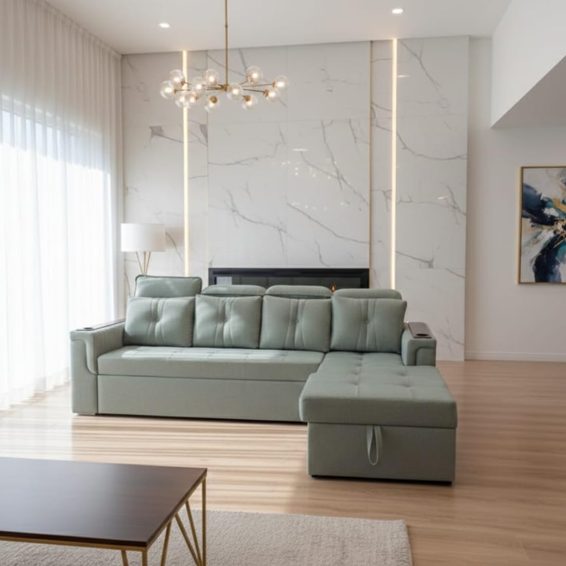 modern 5 seater sectional sofa set with lounger, light green, storage space, cup holder, adjustable headrest, wooden polished stainless steel legs modern 5 seater sectional sofa set with lounger, light green, storage space, cup holder, adjustable headrest, wooden polished stainless steel legs