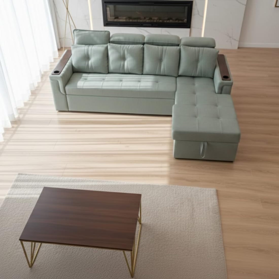 modern 5 seater sectional sofa set with lounger, light green, storage space, cup holder, adjustable headrest, wooden polished stainless steel legs modern 5 seater sectional sofa set with lounger, light green, storage space, cup holder, adjustable headrest, wooden polished stainless steel legs