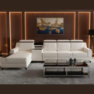 modern l shaped sectional sofa, off white leather, 6 seater with built in speakers with usb connectivity, storage console, quilted backrest. (off white)