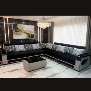 l shape sectional sofa, black with marble pattern cushions, modern luxurious design