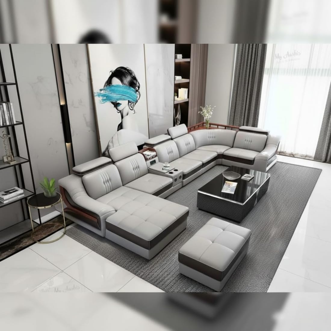 aryana model u shape sofa set with lounger | grey leather upholstery | adjustable headrests | built in speakers with usb connectivity | cup holders & storage console | wooden polish accents. aryana model u shape sofa set with lounger | grey leather upholstery | adjustable headrests | built in speakers with usb connectivity | cup holders & storage console | wooden polish accents.