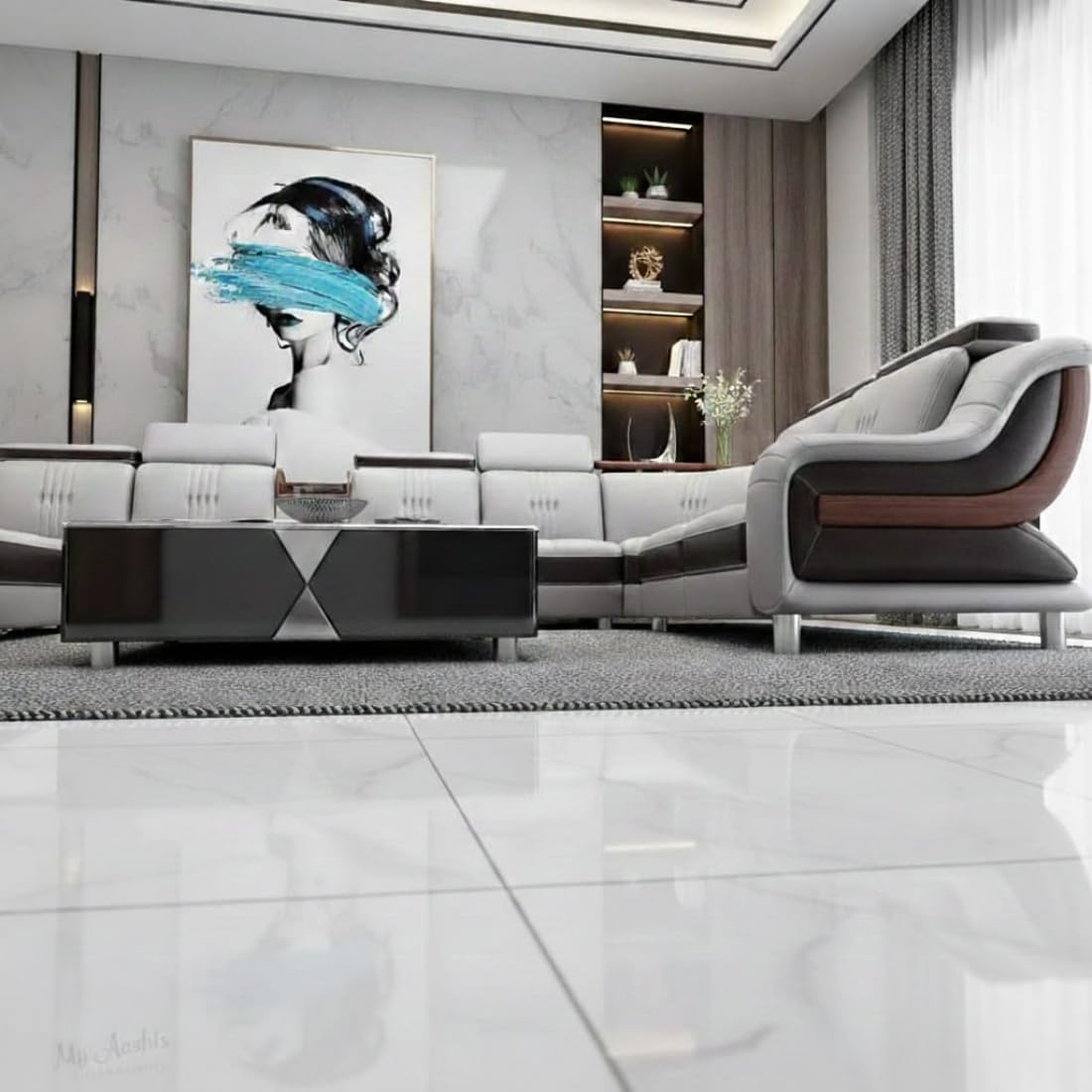 aryana model u shape sofa set with lounger | grey leather upholstery | adjustable headrests | built in speakers with usb connectivity | cup holders & storage console | wooden polish accents. aryana model u shape sofa set with lounger | grey leather upholstery | adjustable headrests | built in speakers with usb connectivity | cup holders & storage console | wooden polish accents.