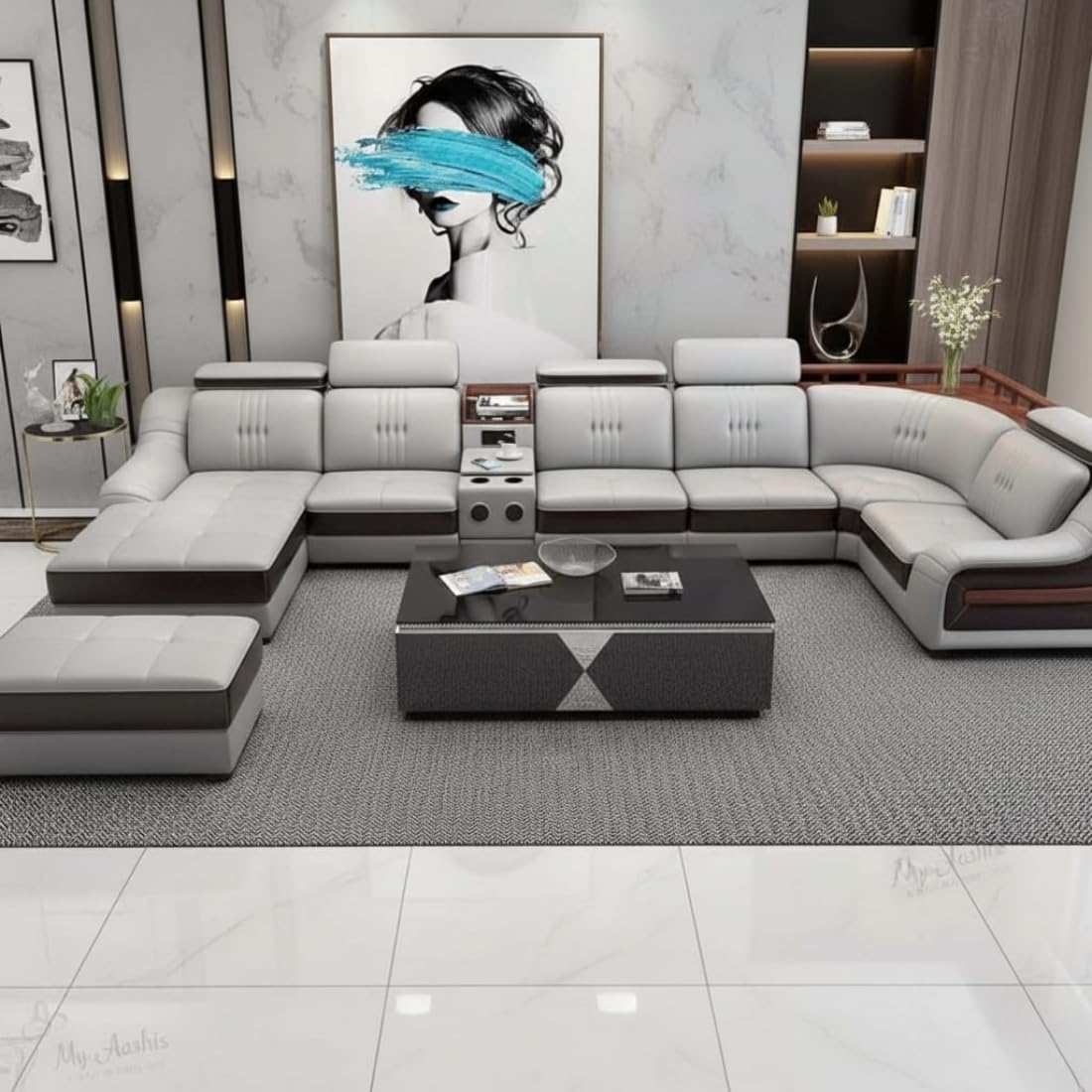 aryana model u shape sofa set with lounger | grey leather upholstery | adjustable headrests | built in speakers with usb connectivity | cup holders & storage console | wooden polish accents. aryana model u shape sofa set with lounger | grey leather upholstery | adjustable headrests | built in speakers with usb connectivity | cup holders & storage console | wooden polish accents.