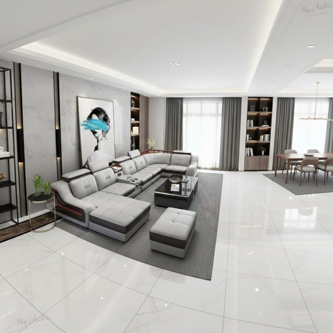 aryana model u shape sofa set with lounger | grey leather upholstery | adjustable headrests | built in speakers with usb connectivity | cup holders & storage console | wooden polish accents. aryana model u shape sofa set with lounger | grey leather upholstery | adjustable headrests | built in speakers with usb connectivity | cup holders & storage console | wooden polish accents.