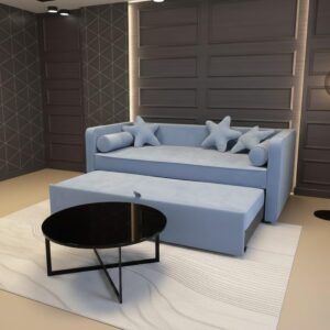 multifunctional twin daybed with star decorative pillows | light blue velvet touch upholstered sleeper sofa | pull out bed for teens and children.