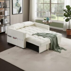 modern convertible tufted loveseat sleeper with side pockets and 2 pillows|