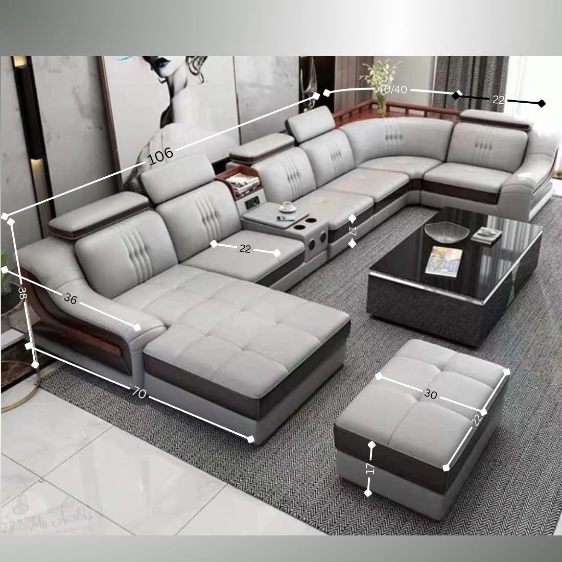 aryana model u shape sofa set with lounger | grey leather upholstery | adjustable headrests | built in speakers with usb connectivity | cup holders & storage console | wooden polish accents. aryana model u shape sofa set with lounger | grey leather upholstery | adjustable headrests | built in speakers with usb connectivity | cup holders & storage console | wooden polish accents.
