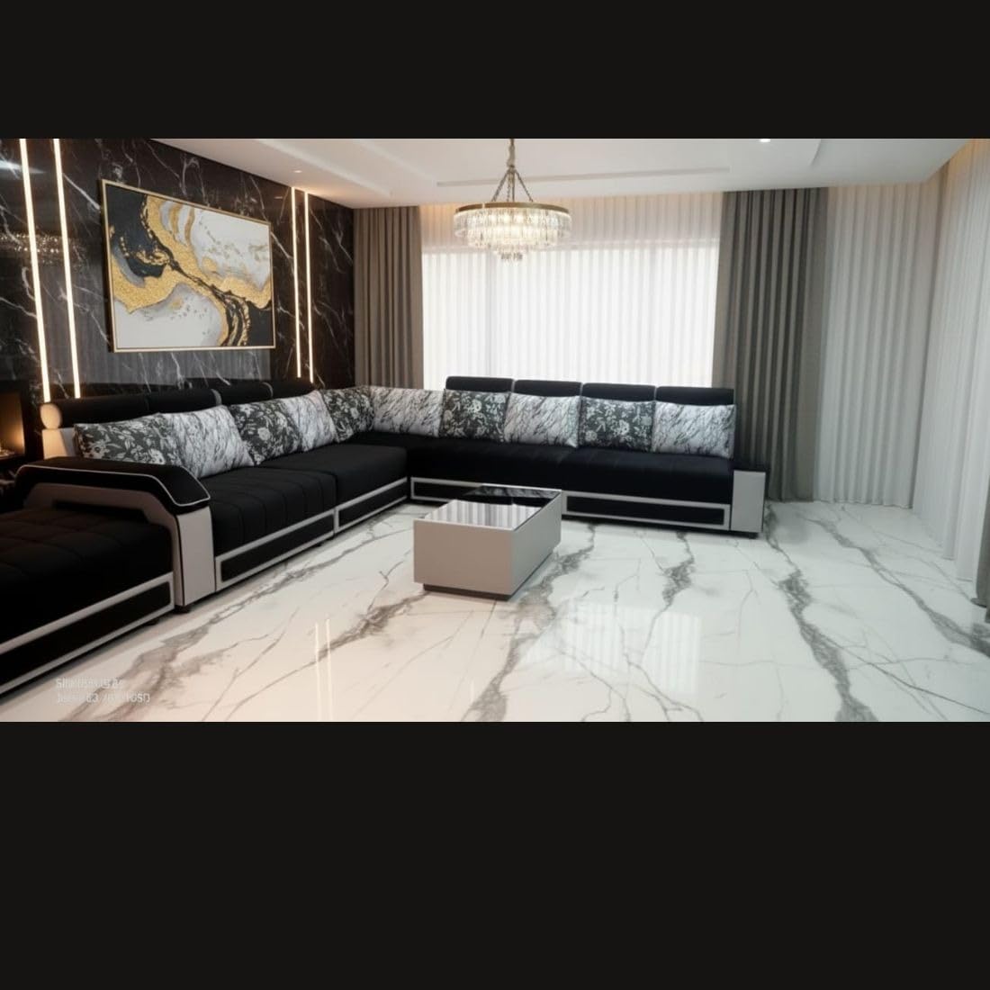 l shape sectional sofa, black with marble pattern cushions, modern luxurious design l shape sectional sofa, black with marble pattern cushions, modern luxurious design