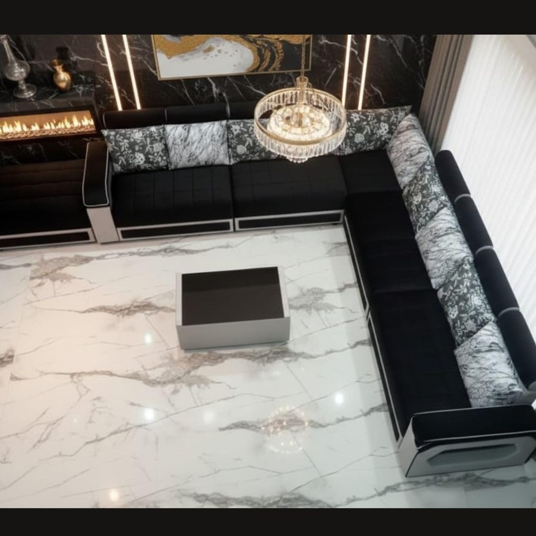 l shape sectional sofa, black with marble pattern cushions, modern luxurious design l shape sectional sofa, black with marble pattern cushions, modern luxurious design
