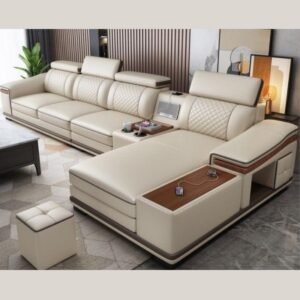 taxzek imperial l shape luxury sofa set with lounger, premium beige leather, wooden finish accents, built in speakers with usb connectivity, storage console, 2 stools included