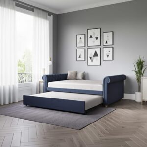 luxury navy blue | chesterfield daybed with pull out sofa | elegant twin size | tufted sleeper sofa with rolled arms for home |office.