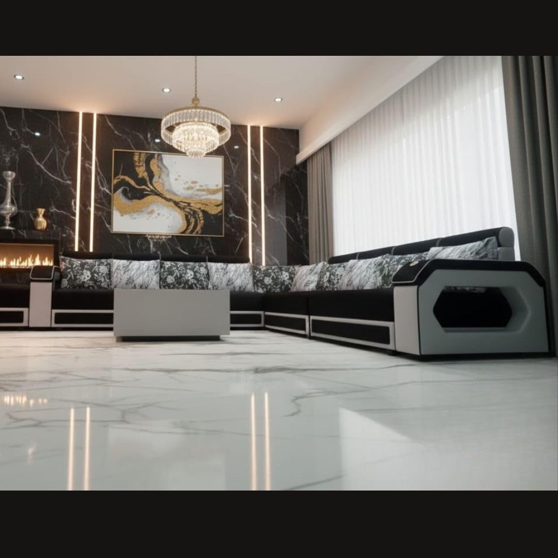 l shape sectional sofa, black with marble pattern cushions, modern luxurious design l shape sectional sofa, black with marble pattern cushions, modern luxurious design