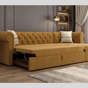 modern chesterfield pull out sofa bed | velvet tufted sleeper couch with rolled arms convertible bed for living room & guest room | mustard yellow.