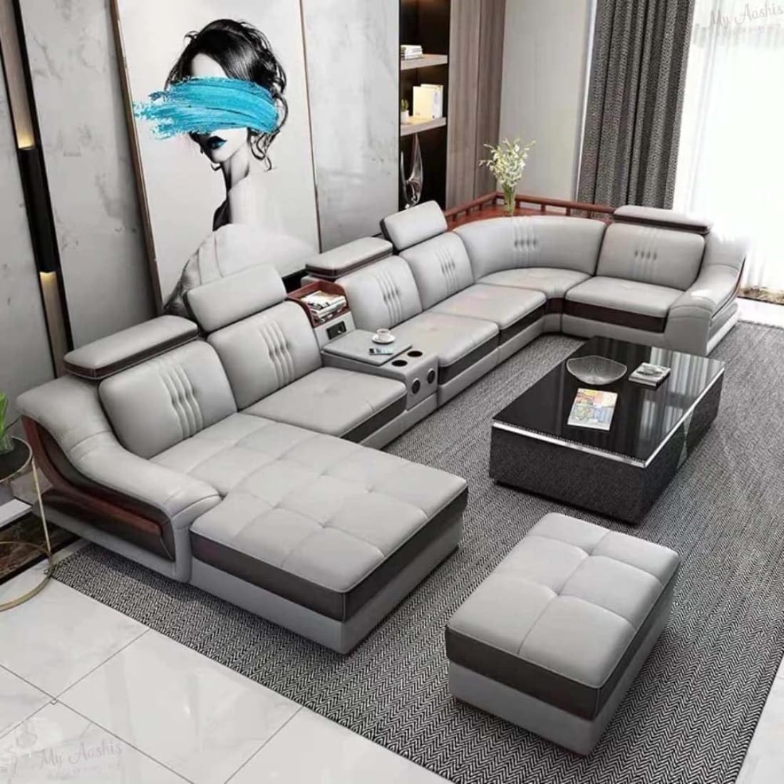 aryana model u shape sofa set with lounger | grey leather upholstery | adjustable headrests | built in speakers with usb connectivity | cup holders & storage console | wooden polish accents. aryana model u shape sofa set with lounger | grey leather upholstery | adjustable headrests | built in speakers with usb connectivity | cup holders & storage console | wooden polish accents.