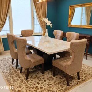 taxzek modern v shaped dining table with marble & modern curved chairs back design with purni.(tawny)