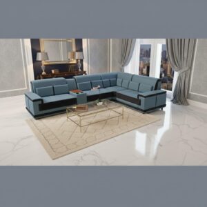 luxurious teal blue sectional sofa with black accents| modern l shaped design| built in cup holders and wooden console