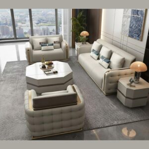 luxurious cream leather sofa set with gold accents | tufted design | modern elegant living room furniture | contemporary lounge seating.