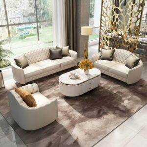 luxurious modern sofa set|white curved sectional couch with marble coffee table and gold decorative screen