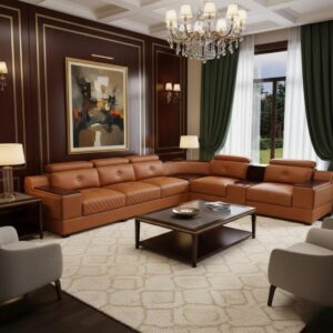 luxurious brown leather sectional sofa| modern quilted design with adjustable headrest| 6 seater| 190x81x81 cm