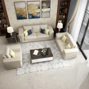 modern living room sofa set | white fabric| 3 piece contemporary seating with accent pillows| minimalist style