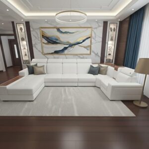 modern u shape sofa set with adjustable headrest | white leather | stainless steel legs | wooden accents | luxury design.