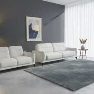 modern living room sofa set | white fabric upholstery | black plastic legs | contemporary design.