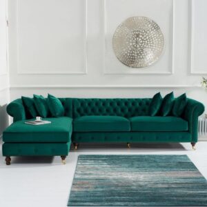 emerald green velvet chesterfield l shaped sectional sofa with chaise lounge, tufted, gold caster legs