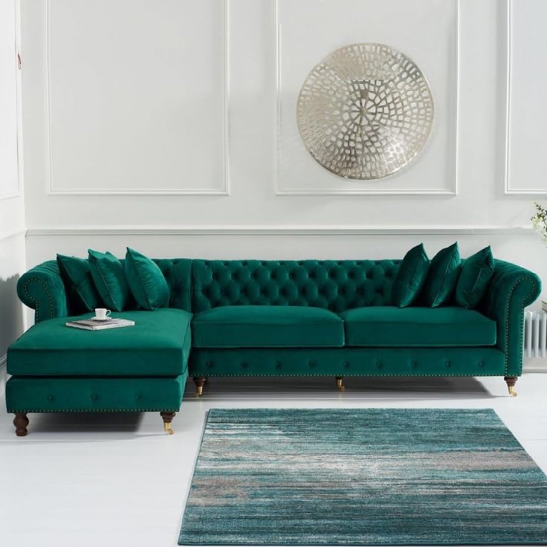 emerald green velvet chesterfield l shaped sectional sofa with chaise lounge, tufted, gold caster legs emerald green velvet chesterfield l shaped sectional sofa with chaise lounge, tufted, gold caster legs
