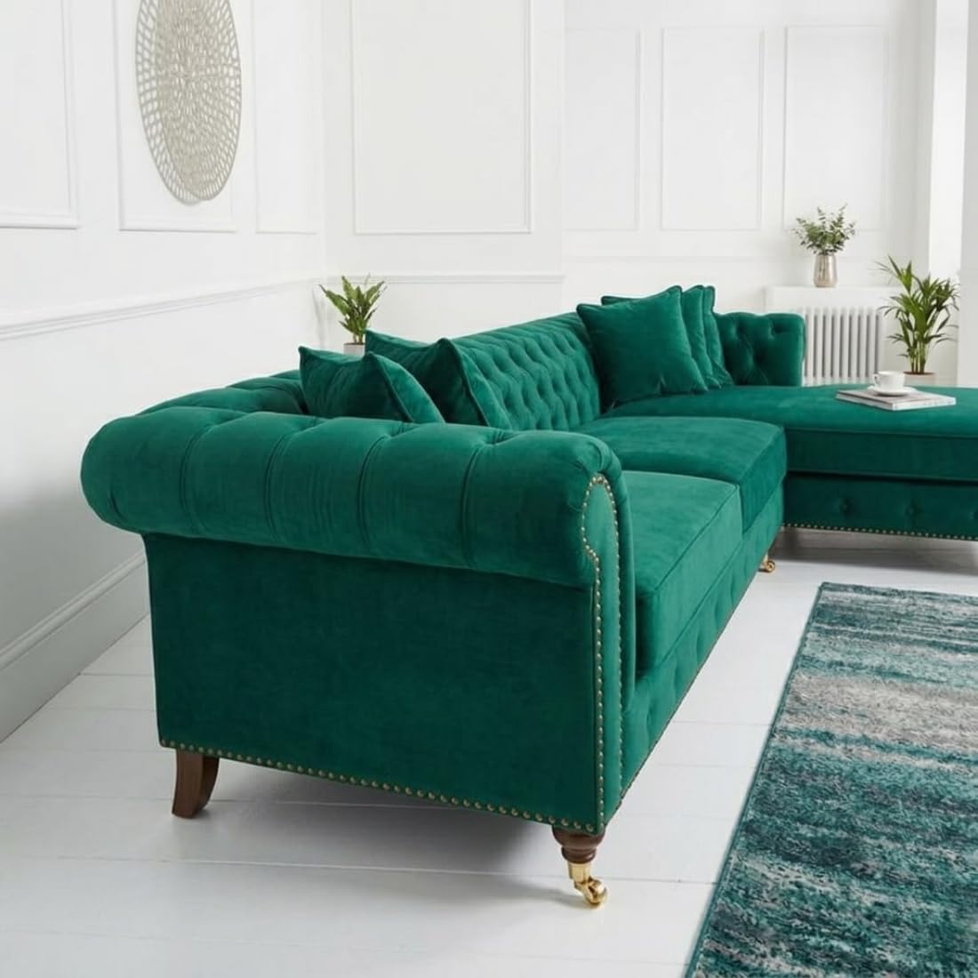 emerald green velvet chesterfield l shaped sectional sofa with chaise lounge, tufted, gold caster legs emerald green velvet chesterfield l shaped sectional sofa with chaise lounge, tufted, gold caster legs