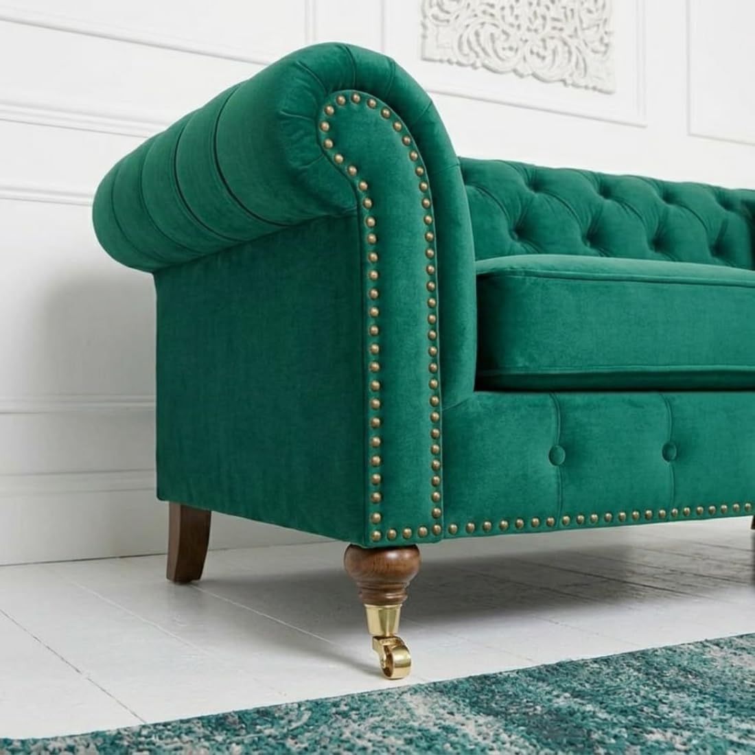 emerald green velvet chesterfield l shaped sectional sofa with chaise lounge, tufted, gold caster legs emerald green velvet chesterfield l shaped sectional sofa with chaise lounge, tufted, gold caster legs