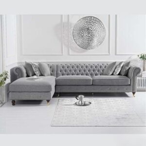 grey fabric chesterfield l shaped sectional sofa with chaise lounge| tufted roll arm couch with pillows for living room