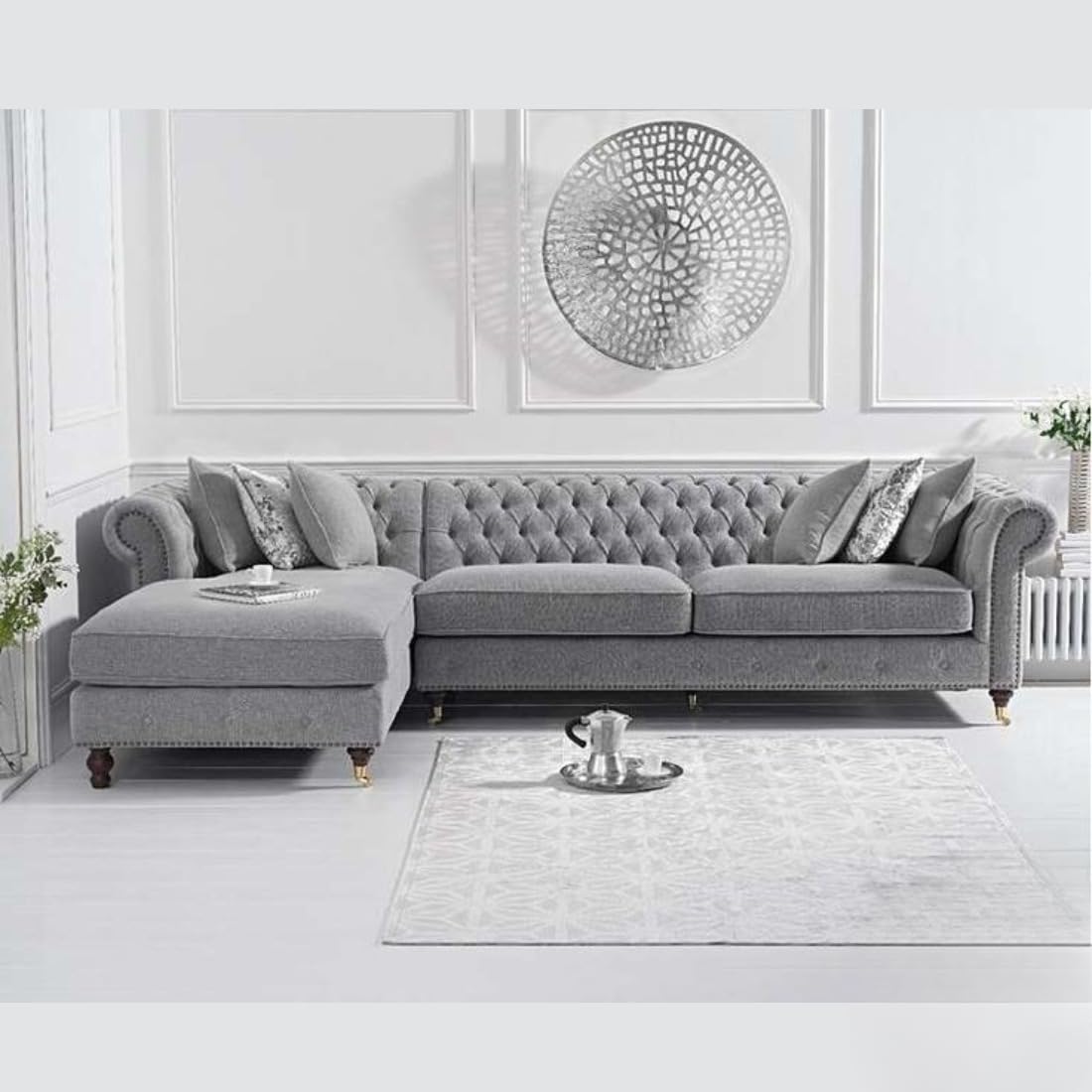 grey fabric chesterfield l shaped sectional sofa with chaise lounge| tufted roll arm couch with pillows for living room grey fabric chesterfield l shaped sectional sofa with chaise lounge| tufted roll arm couch with pillows for living room