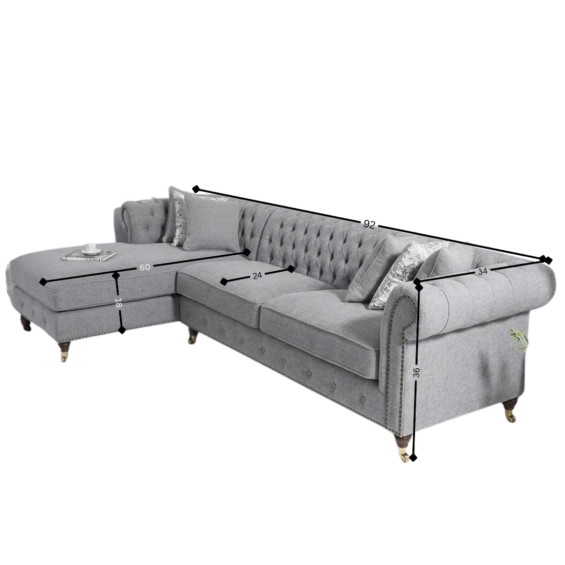 grey fabric chesterfield l shaped sectional sofa with chaise lounge| tufted roll arm couch with pillows for living room grey fabric chesterfield l shaped sectional sofa with chaise lounge| tufted roll arm couch with pillows for living room