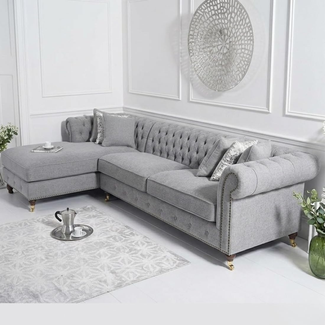 grey fabric chesterfield l shaped sectional sofa with chaise lounge| tufted roll arm couch with pillows for living room grey fabric chesterfield l shaped sectional sofa with chaise lounge| tufted roll arm couch with pillows for living room
