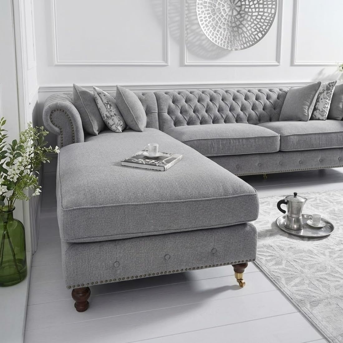 grey fabric chesterfield l shaped sectional sofa with chaise lounge| tufted roll arm couch with pillows for living room grey fabric chesterfield l shaped sectional sofa with chaise lounge| tufted roll arm couch with pillows for living room