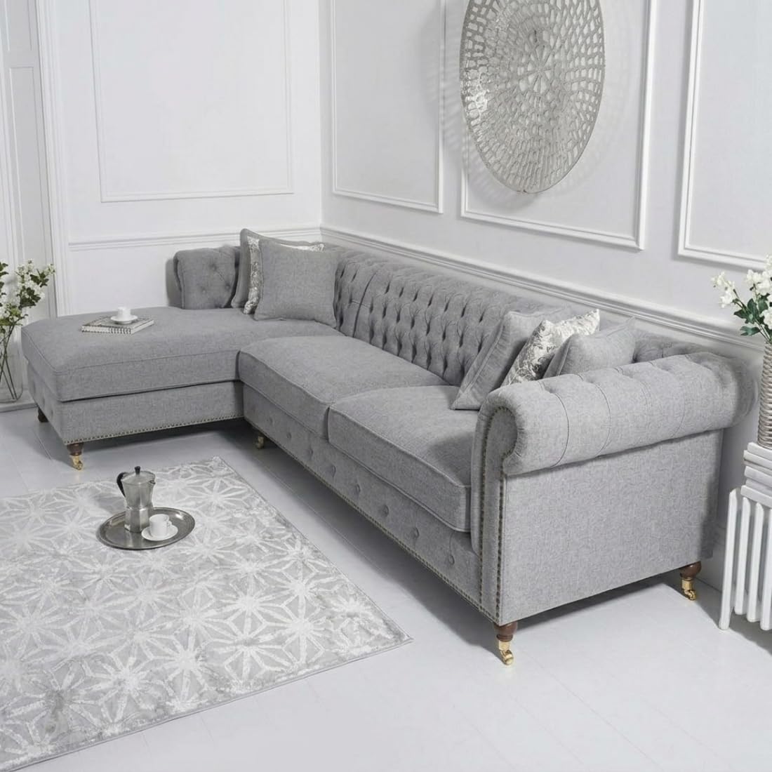grey fabric chesterfield l shaped sectional sofa with chaise lounge| tufted roll arm couch with pillows for living room grey fabric chesterfield l shaped sectional sofa with chaise lounge| tufted roll arm couch with pillows for living room