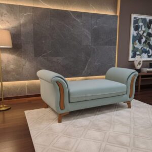 upholstered bench with rolled arms | pale mint green fabric | wooden legs | modern style accent seating.