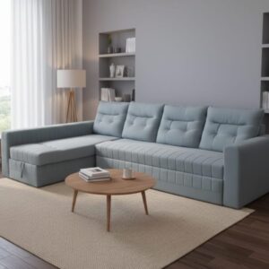modern light blue l shaped tufted sofa with chaise lounge.