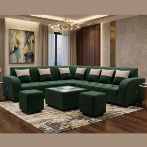 l emerald luxe 6 seater | l shape sectional sofa set l with center table | ottoman puffies & durable plastic legs | modern living room furniture | with decorative pillows