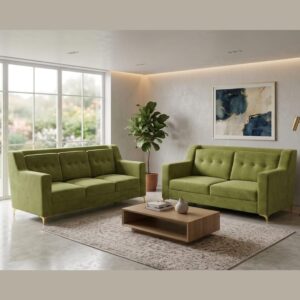 modern 5 seater sofa set with pillow back | button tufting | and golden stainless steel legs | olive green | 2 piece.