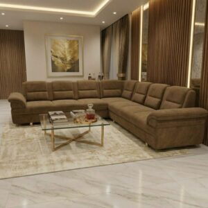 modern l shaped sectional sofa | 7 seater|velvet microfiber tufted backrests| stainless steel legs| curved armrest.