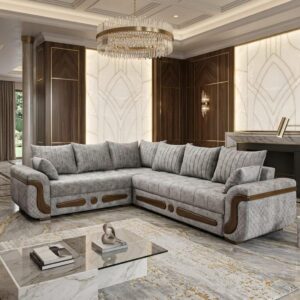 l shaped sectional sofa, light grey, quilted fabric with wooden trim accents and plush back cushions