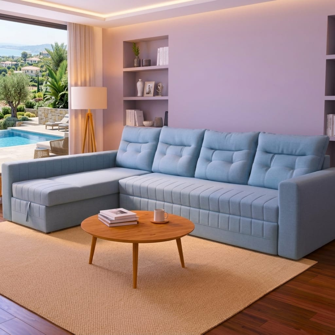 modern light blue l shaped tufted sofa with chaise lounge. modern light blue l shaped tufted sofa with chaise lounge.