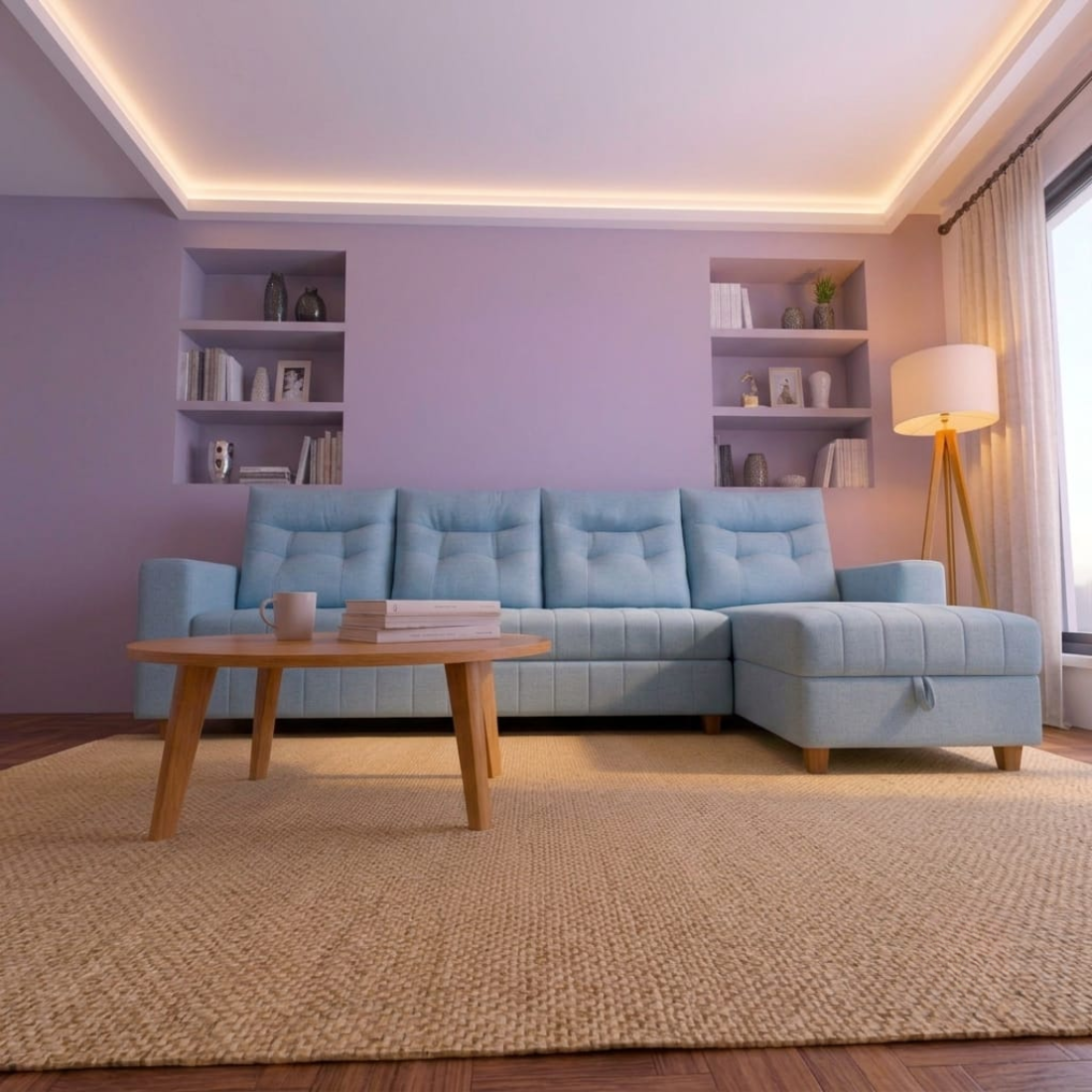modern light blue l shaped tufted sofa with chaise lounge. modern light blue l shaped tufted sofa with chaise lounge.