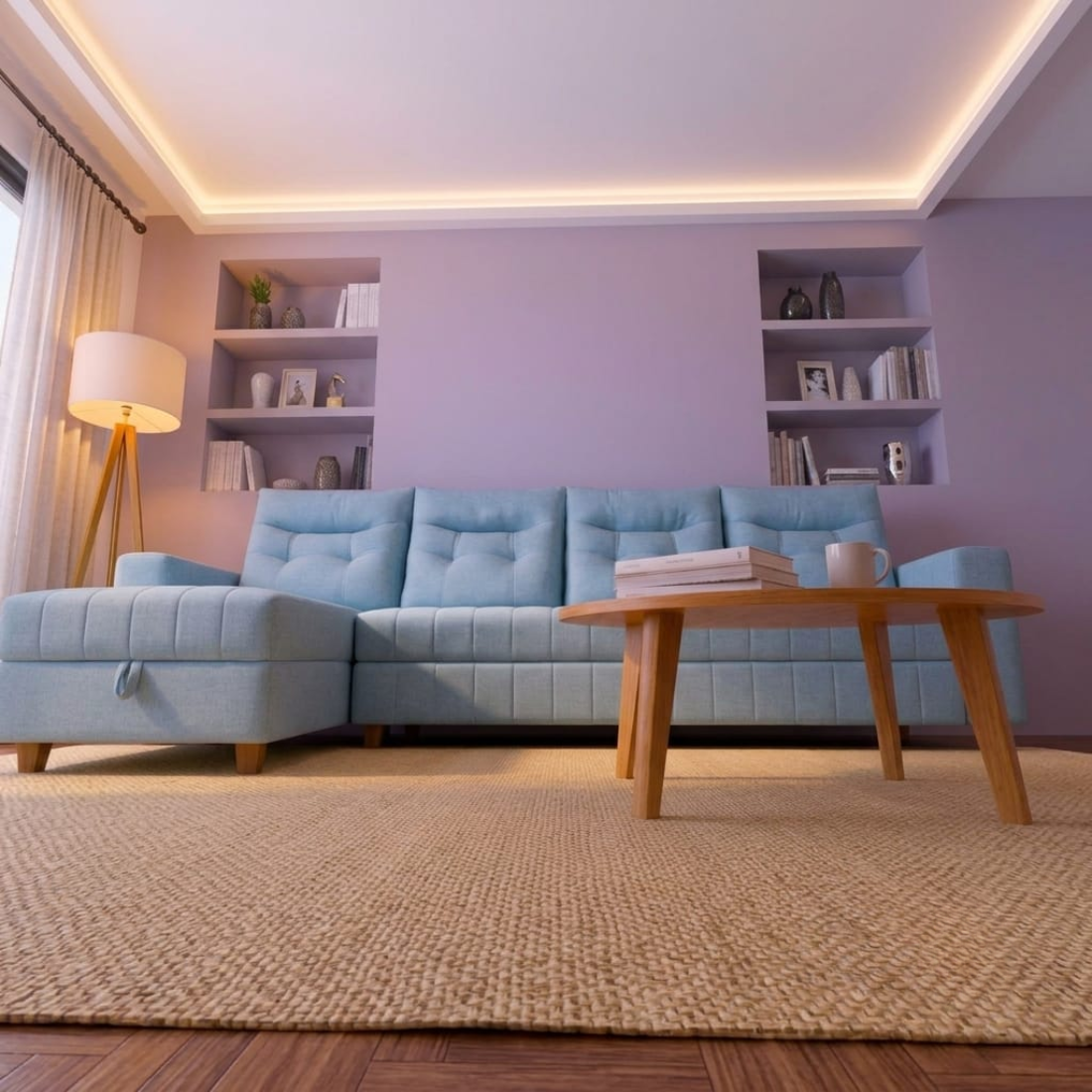 modern light blue l shaped tufted sofa with chaise lounge. modern light blue l shaped tufted sofa with chaise lounge.