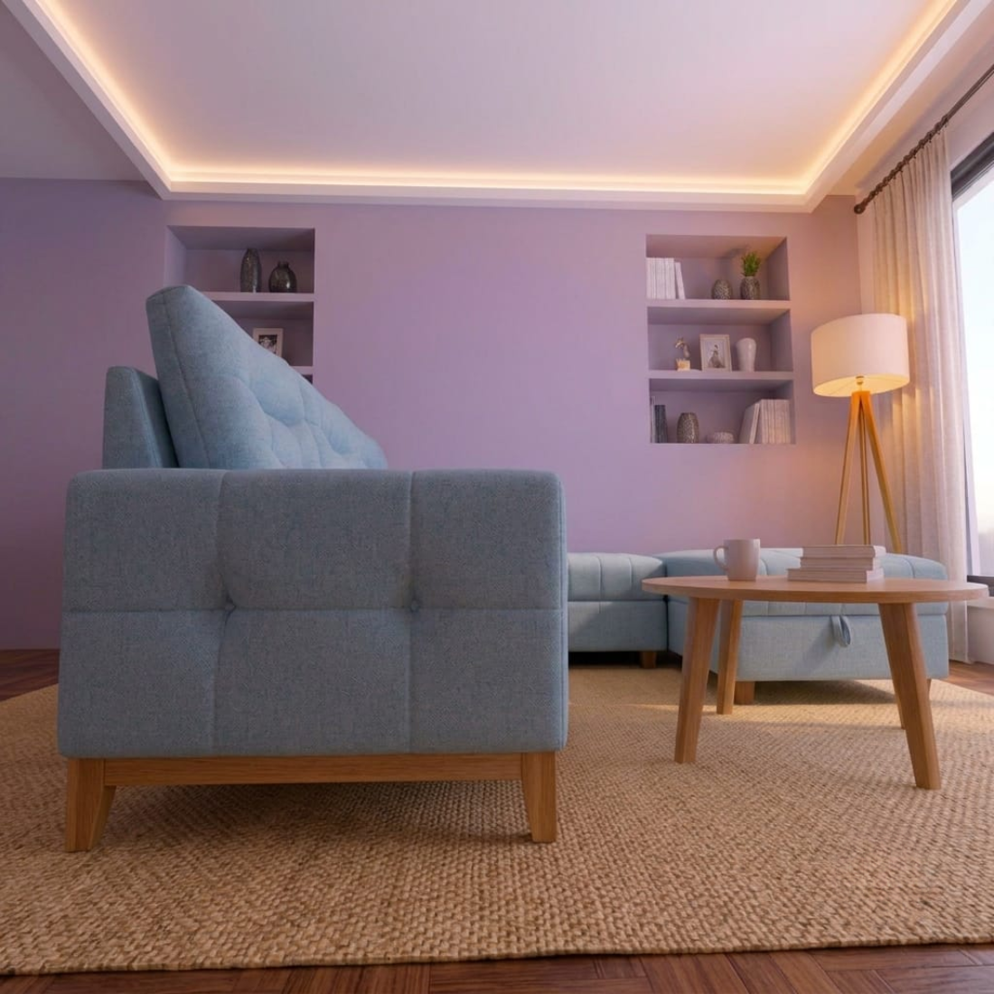 modern light blue l shaped tufted sofa with chaise lounge. modern light blue l shaped tufted sofa with chaise lounge.